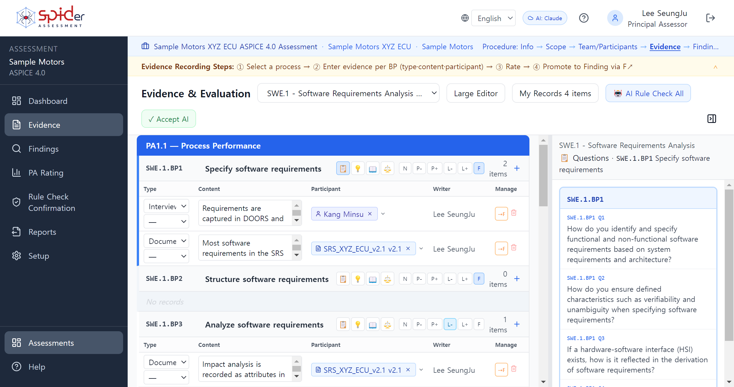 Evidence screen. Evidence field and rating buttons on one row, with the question panel on the right.